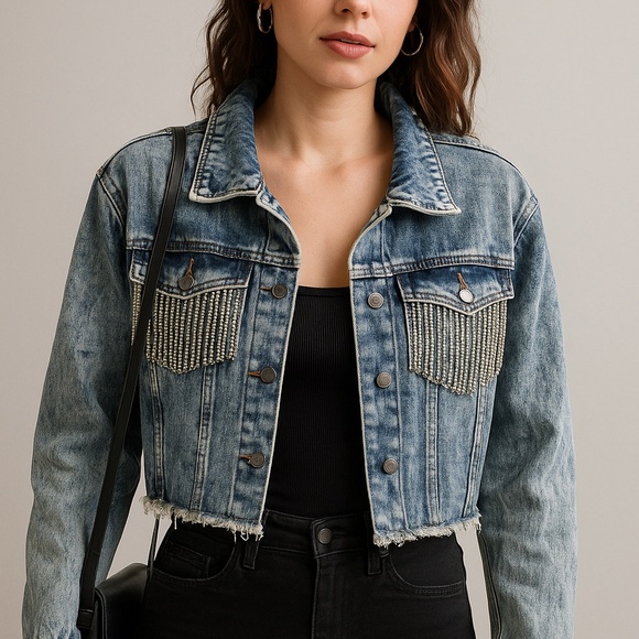 Thrill Light Blue Denim Jacket with Fringe Accents - Picture 1 of 5